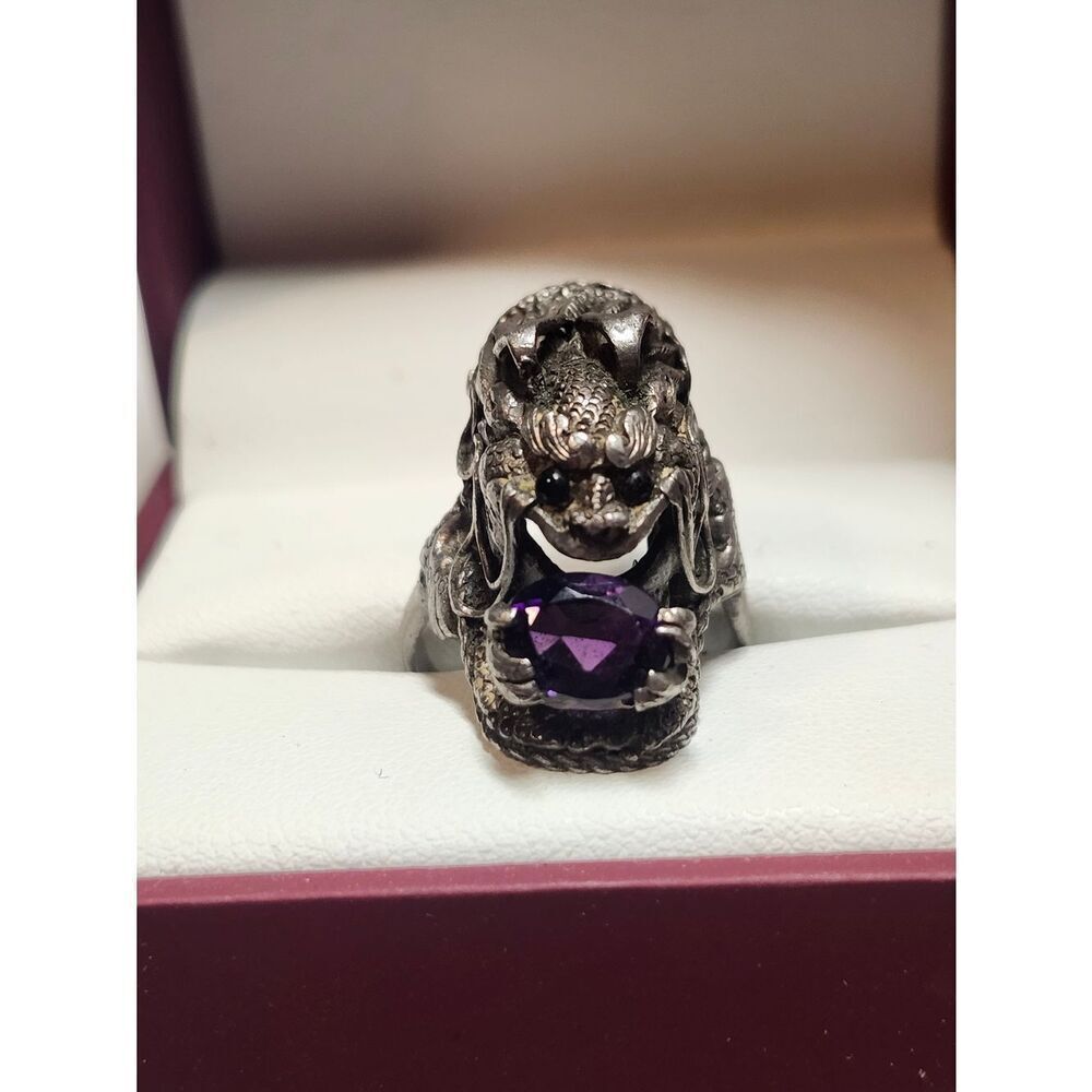 Sterling Dragon Ring with Amethyst Gemstone Size 9 Adjustable
